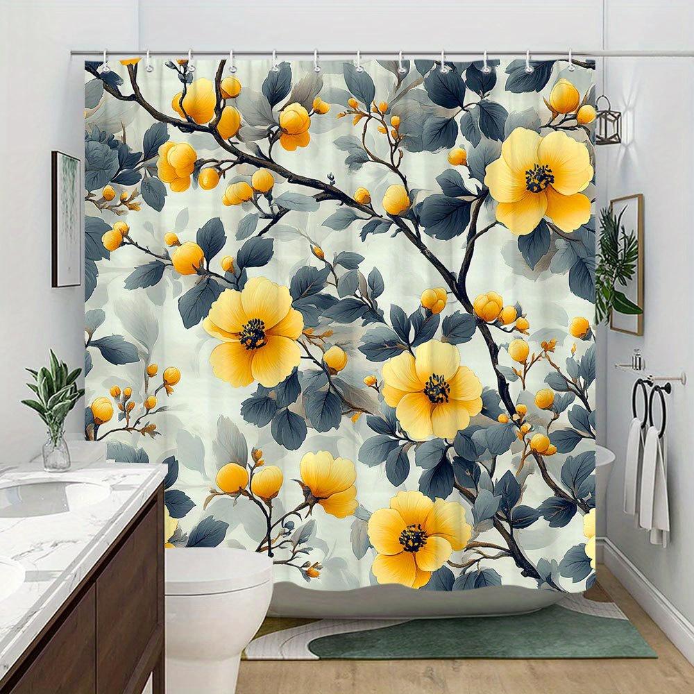 1 yellow floral shower curtain with dark teal leaves, soft grey background, polyester fabric with hooks, machine washable