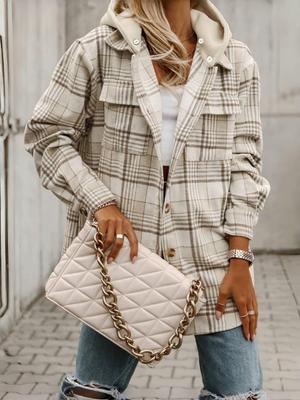 Cross-Border Casual Plaid Hooded Shirt Jacket - Autumn/Winter, Detachable Hood, Button Closure, Loose Fit with Pocket.