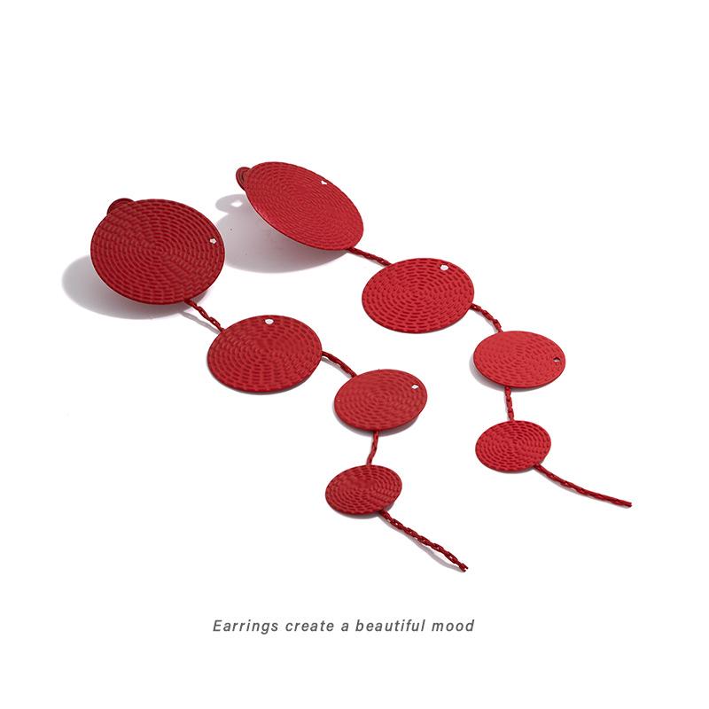 Bohemian Red Woven Round Disc Dangle Earrings for Women - Artistic Retro Ethnic Style Mosquito Coil Design.