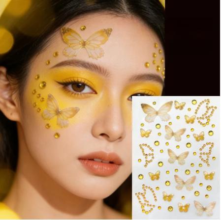 1Sheet Color Butterfly Face Stickers Children Eyes Facial Makeup Butterfly Face Gem Decals Crystal Round Diamond Tattoo Stickers
