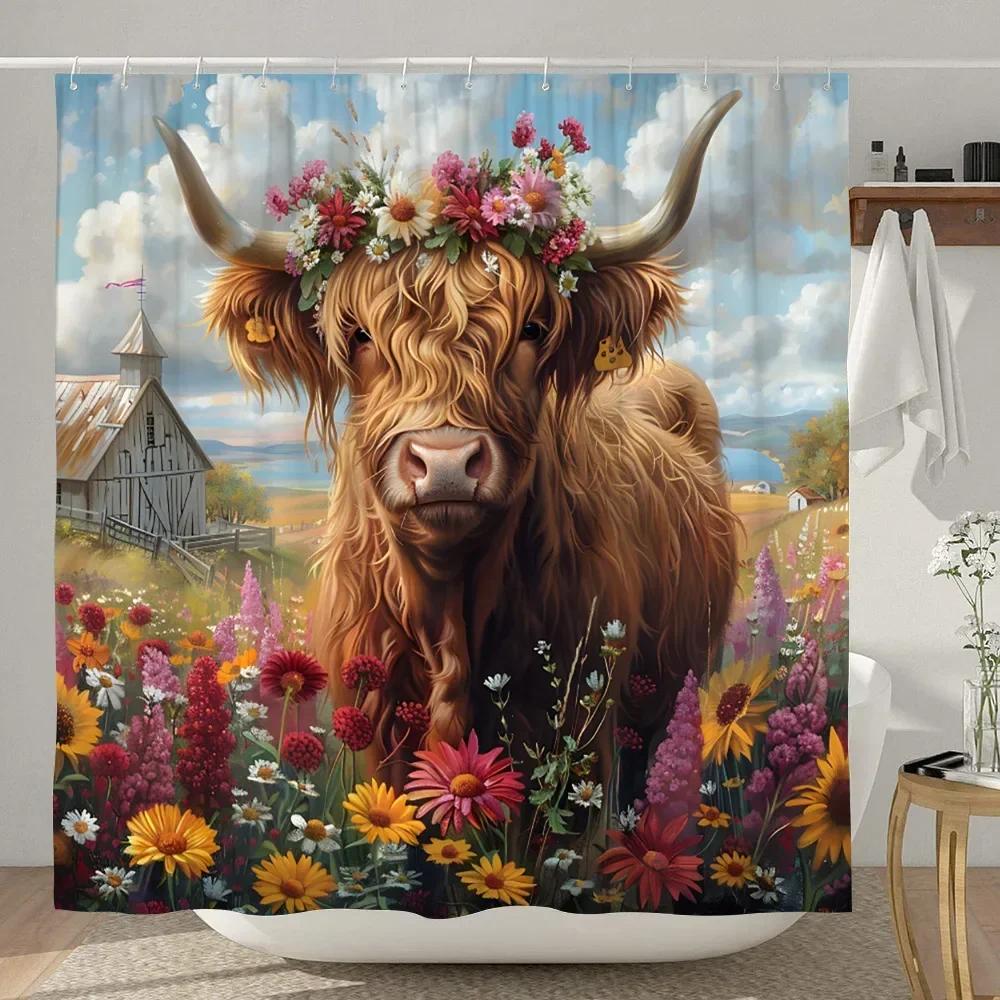 Lustiger Highland-Kuh Duschvorhang Rustikaler Landhausstil Kuh Cartoon Tier Kinder Badevorhang Polyesterstoff Heim Badezimmer Dekor