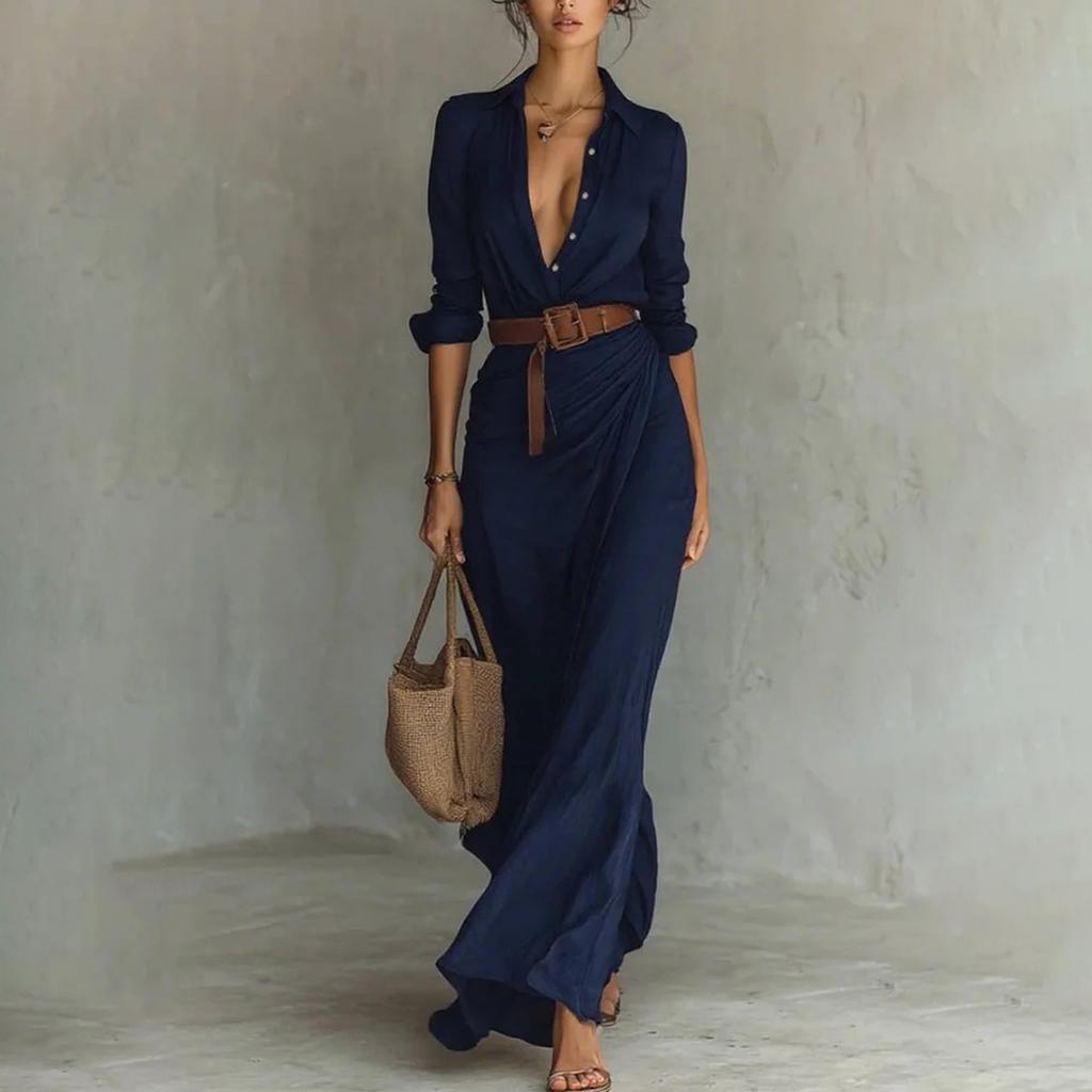 Women's Long Sleeved Solid Color Lapel Button Irregular Pleated Dress with Belt