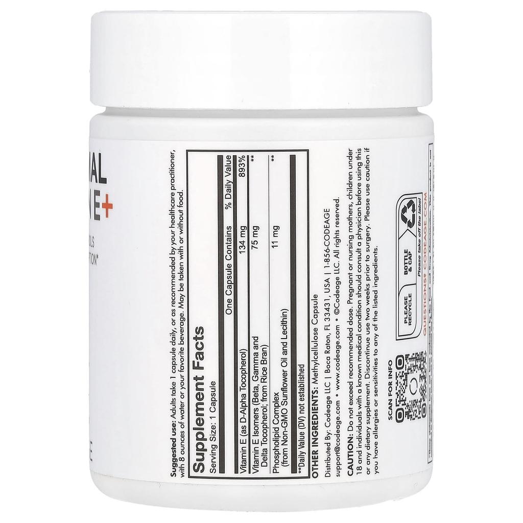 Codeage, Liposomal Vitamin E+, Mixed Tocopherol, 90 Capsules