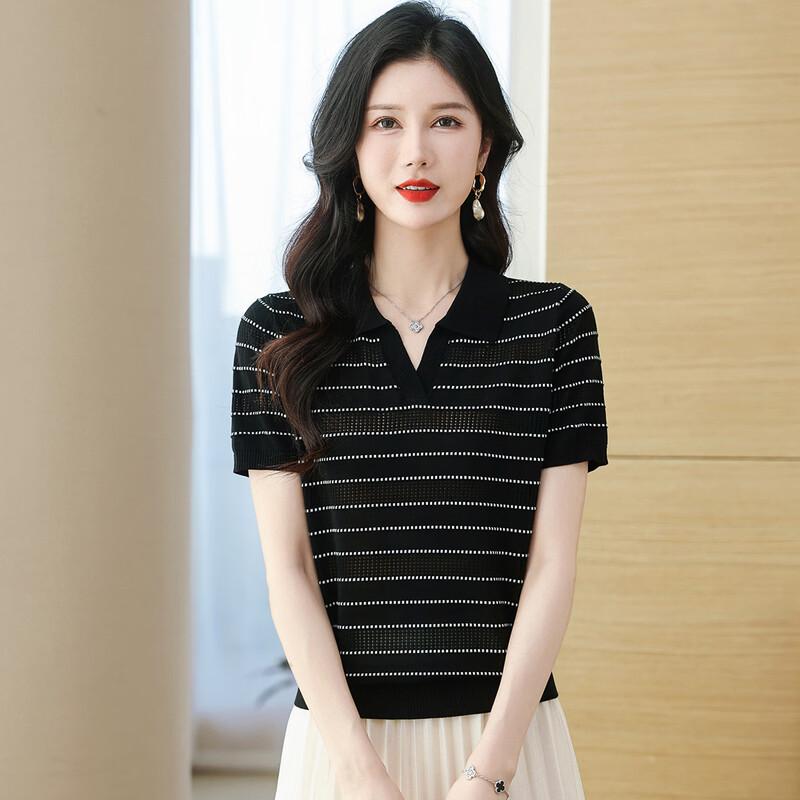Snowflying Women s Color Block Stripe Knitted Short Sleeve T-Shirt XL чёрный