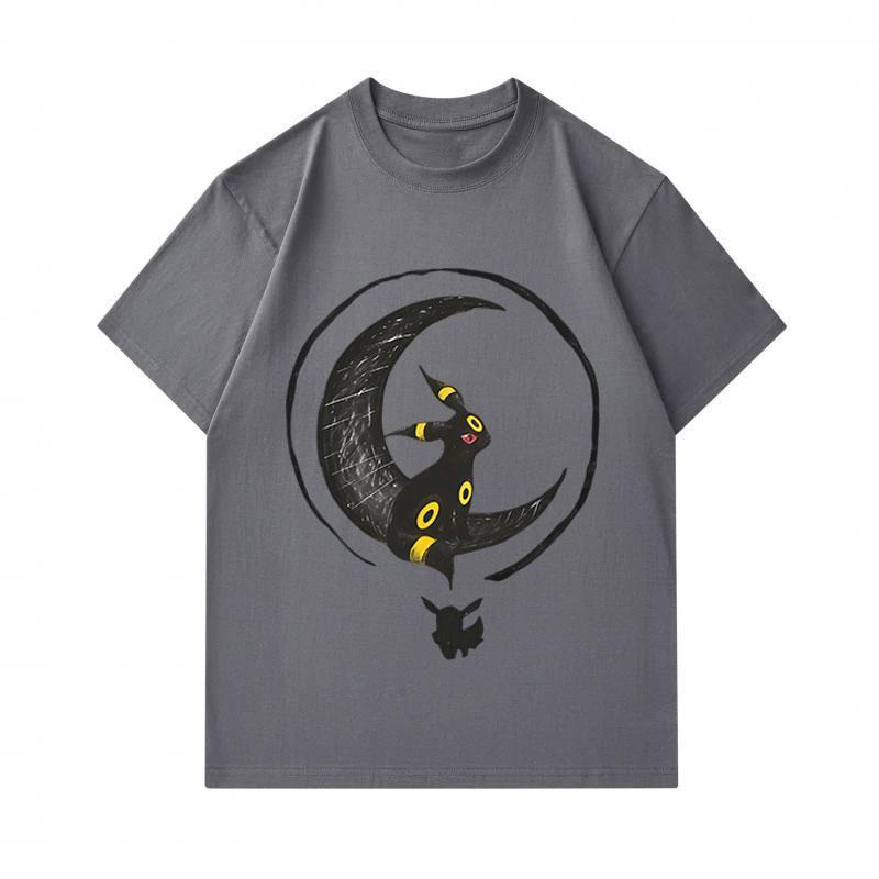 Men's 100% Cotton Crew Neck Short Sleeve T-Shirt, Casual Black Cartoon Umbreon Crescent Moon Print Tees, Comfortable Breathable Summer Daily Tops for