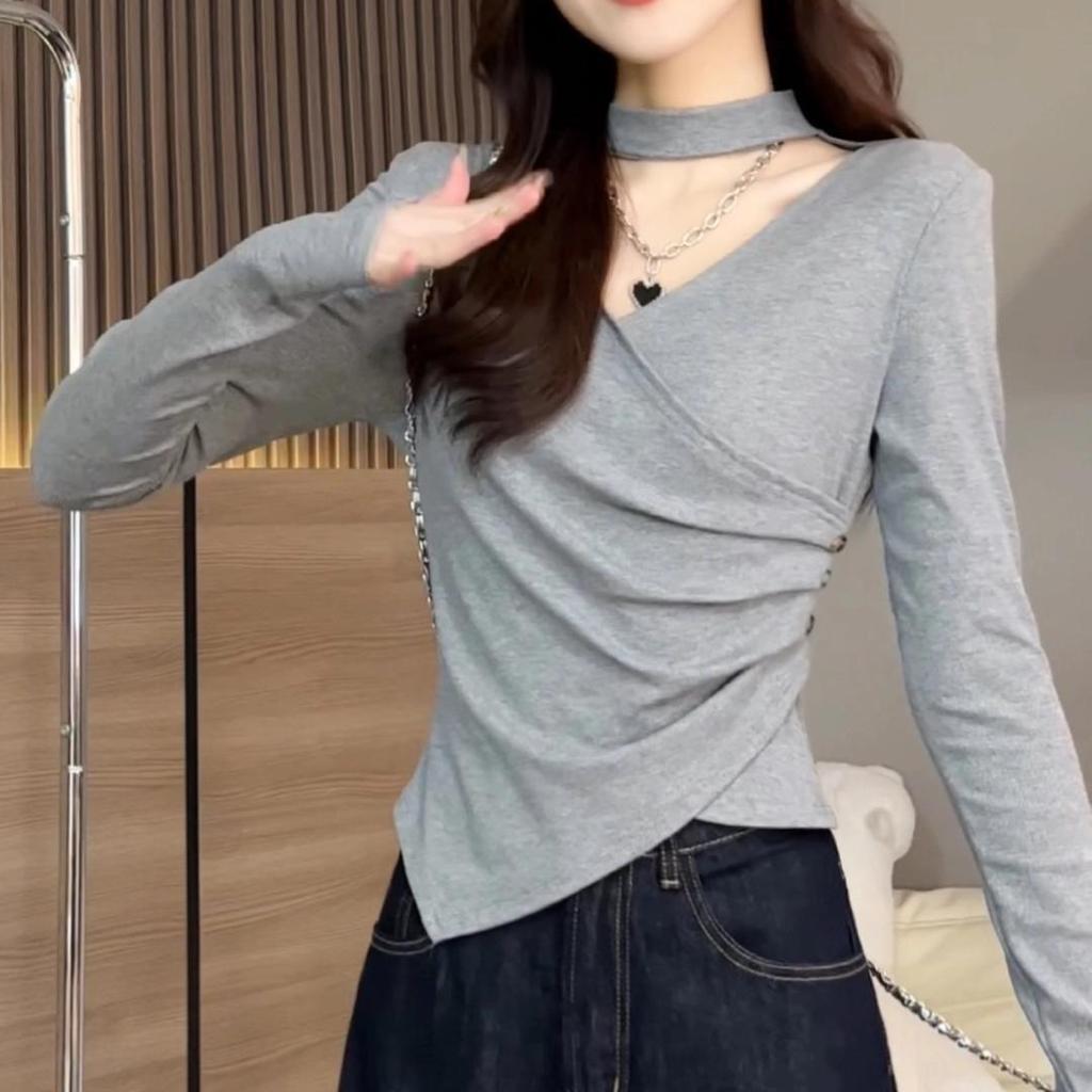 French Irregular V-Neck Halter Long Sleeve Women's Autumn/Winter Slimming Base Shirt