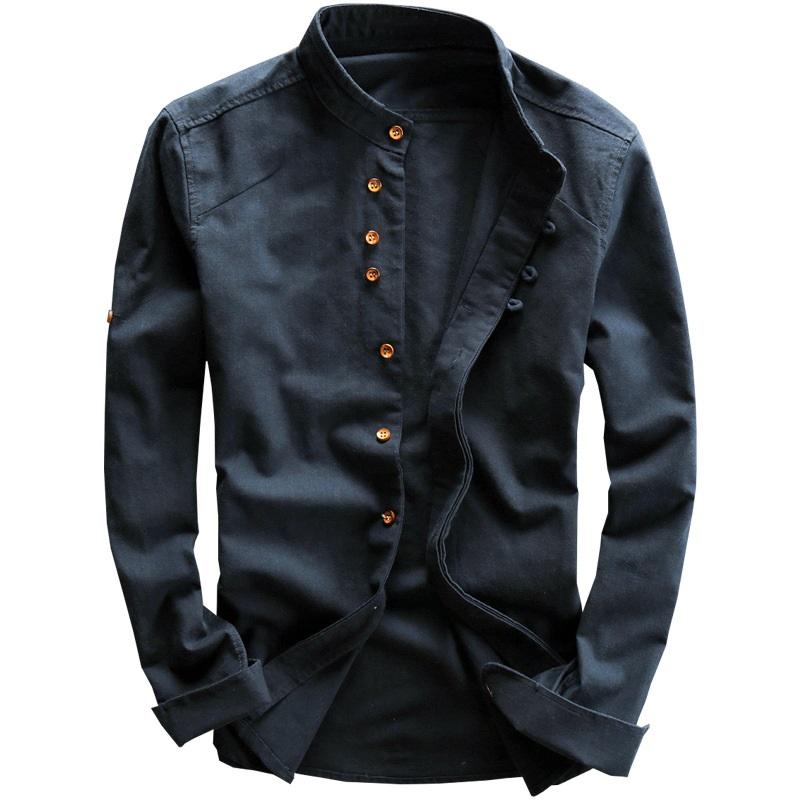 Camicia Casual in Lino da Uomo Primavera Stile Cinese Retrò Sottile Collo Alto Slim Cotone e Lino