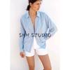Spring and Summer New Women's Clothing Decorated Row Button Linen Blended Lapel Loose Long Sleeves Stripes Shirt 2886909