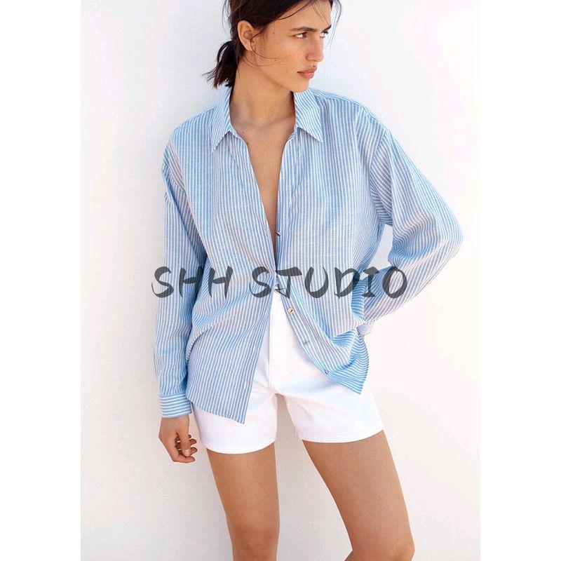 Spring and Summer New Women's Clothing Decorated Row Button Linen Blended Lapel Loose Long Sleeves Stripes Shirt 2886909
