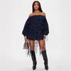 Fashion Solid Loose Fit One Shoulder Long Sleeve Denim Skirt