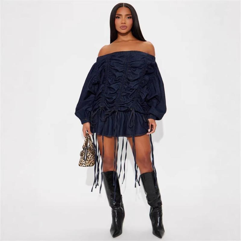 Fashion Solid Loose Fit One Shoulder Long Sleeve Denim Skirt