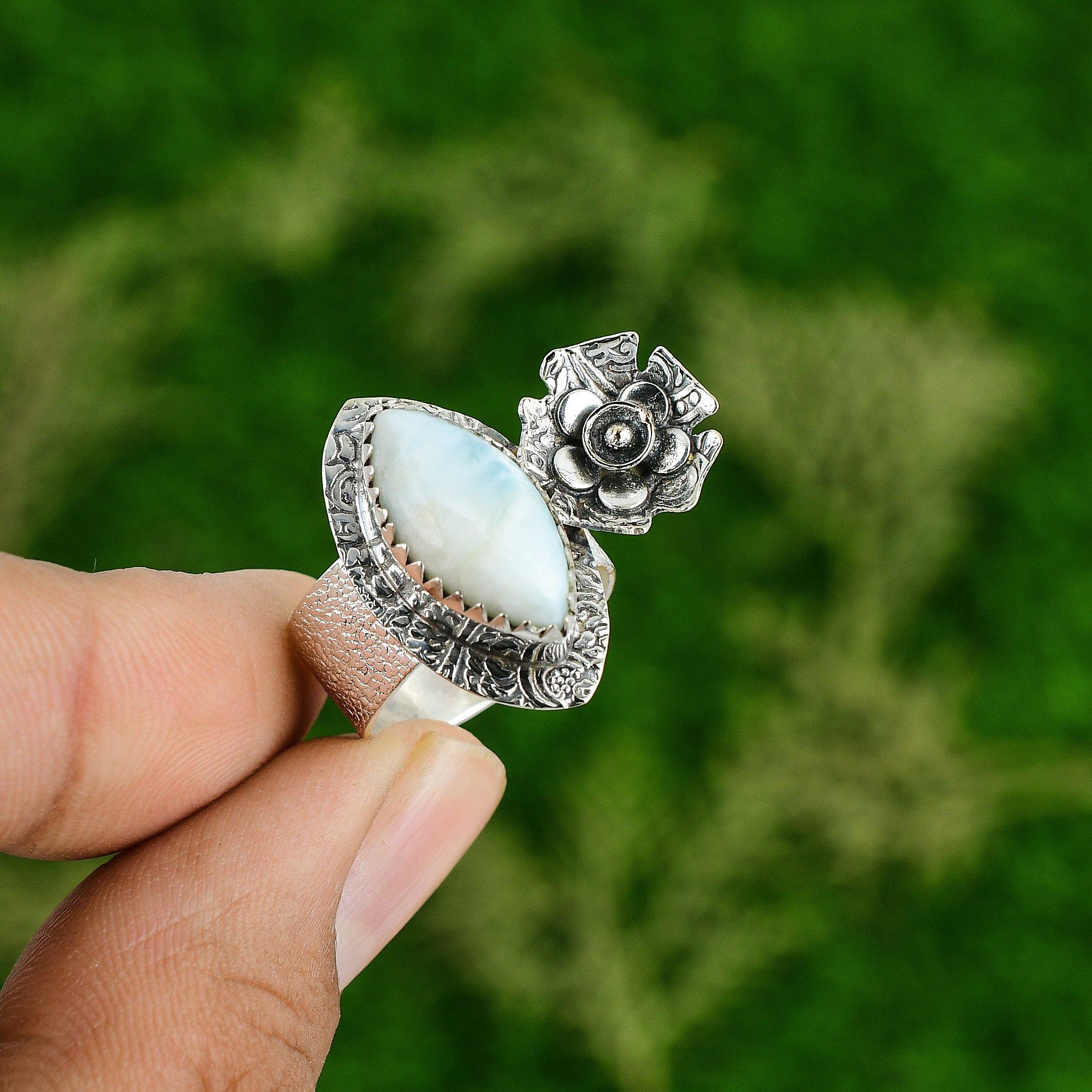 

Anniversary Gift For Her Natural Larimar Promise Flower Ring Size 7 925 Silver 7