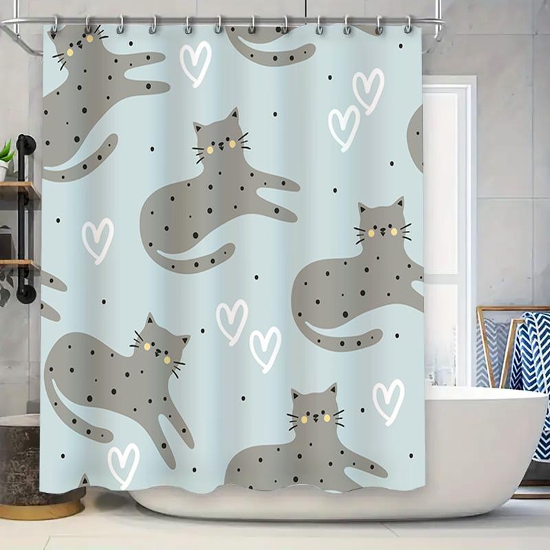 

Creative Cat Pattern Shower Curtain Waterproof Fabric For Bathroom Decor Modern Home Decoration With Hearts Print In Blue Gray C W60H190(CM)-1 Pcs