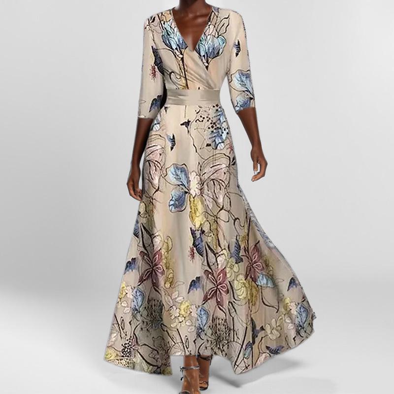 Elegant Slim-Fit V-Neck Long-Sleeve Printed Women s Dress 3XL