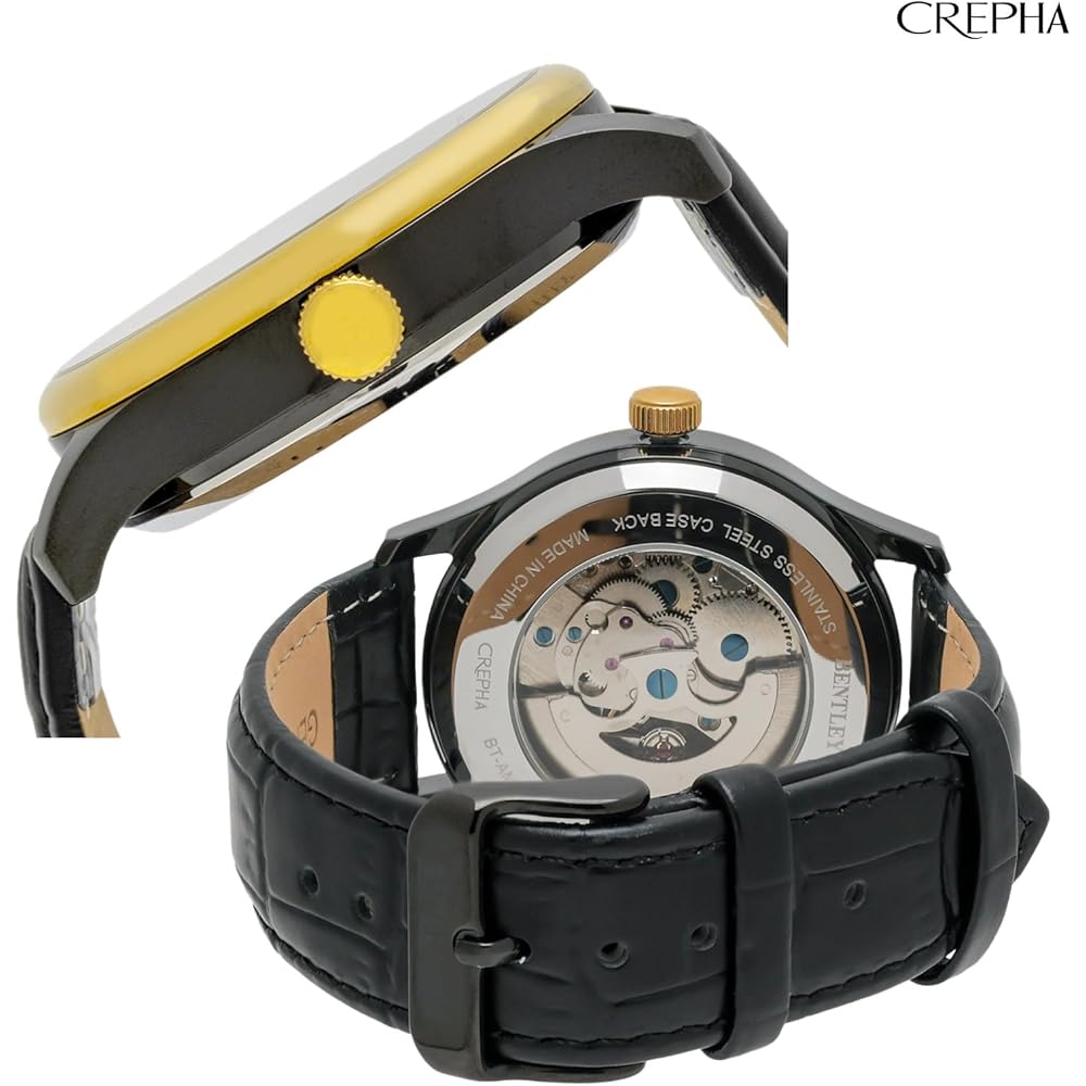 CREPHA Herren Analoge Automatikuhr mit Lederarmband, Bentley Gold, BT-AM320-GD