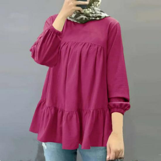 

Muslim Solid Color Loose Casual Round Neck Long Sleeve Ruched Pullover Shirt M рожевий червоний колір