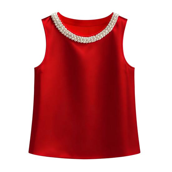 Damska kamizelka jedwabna satynowa bez rękawów z kołnierzem z sztucznych pereł luźny krój letnie topy formalne półformalne