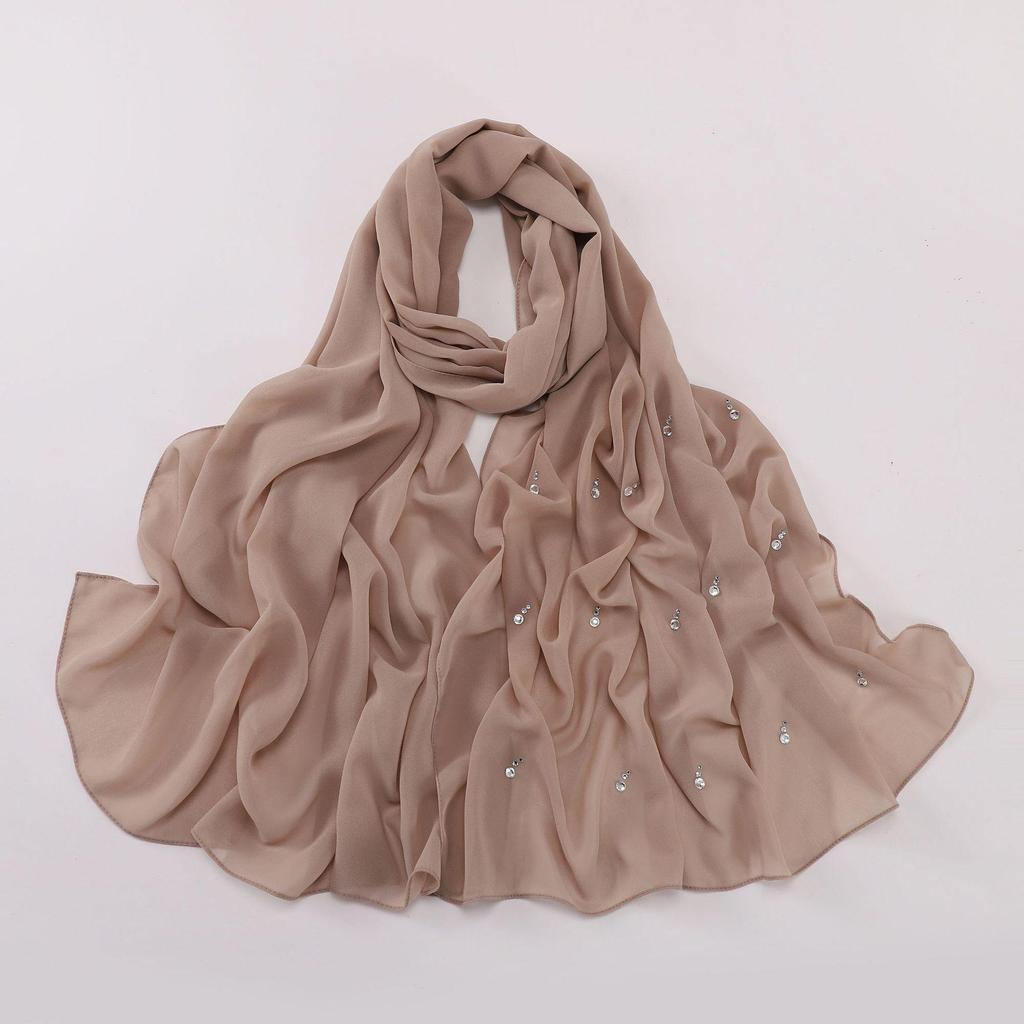 Perłowy szyfonowy hidżab z kroplą wody i diamentami - szalik w stylu bliskowschodnim i malezyjskim