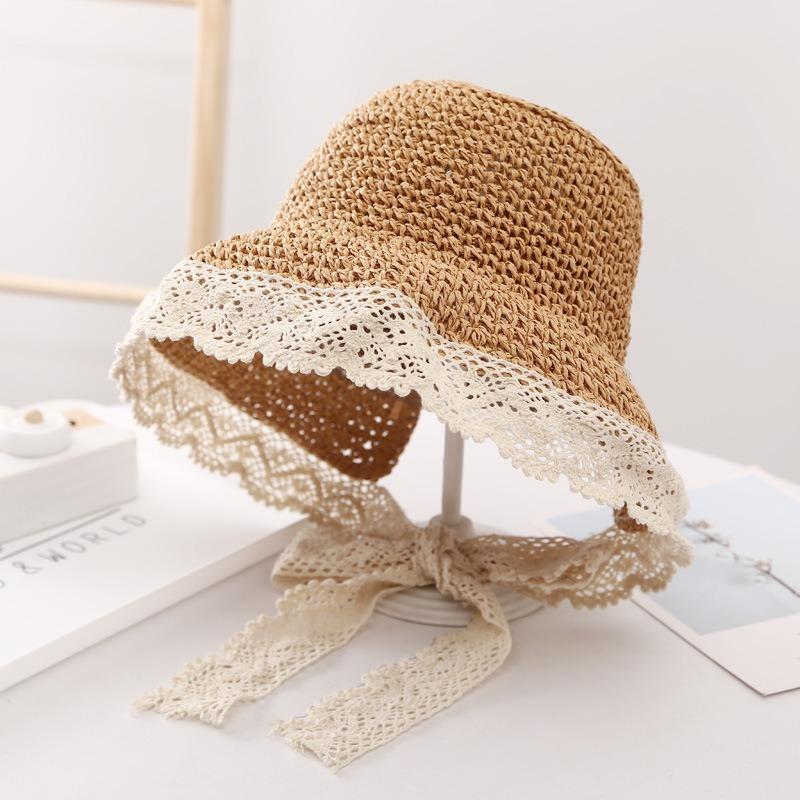 Handmade Crocheted Lace Lace Tied Straw Woven Women'S Back Opening Ponytail Hat Summer Breathable Sun Protection&Sunshade Hat