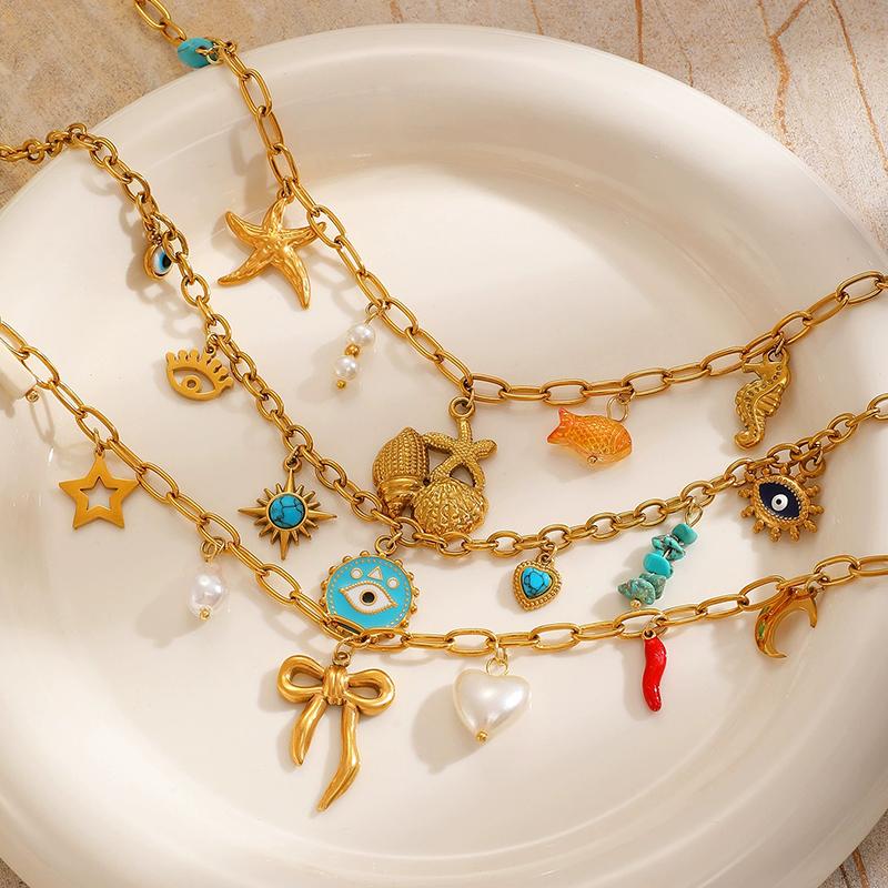 Vintage Stainless Steel Sunflower Multi Charm Necklace for Women Luxury High-End Collarbone Chain Beach Vacation Accessory Gift