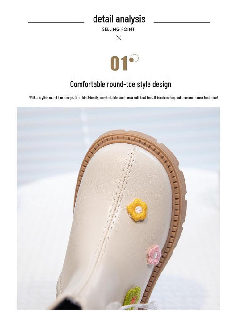 Beige Princess Ankle Boots for Girls - Soft Sole Leather, Non-Slip, 2025 New Style