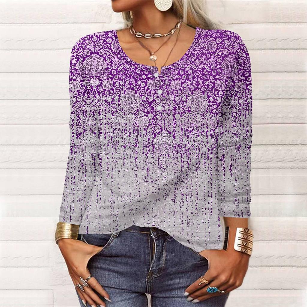 Women's New Button-Down Fashion Print Long Sleeves T-Shirt Slim Top Casual Tops