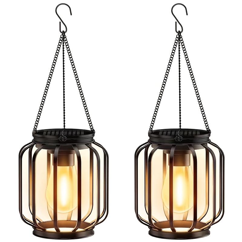 2 Pack Solar Powered Outdoor Pendant Lights, Hanging Metal Lanterns, Modern Metal Solar Pendant Lights with Hooks for Garden Use, Warm Light Lanterns