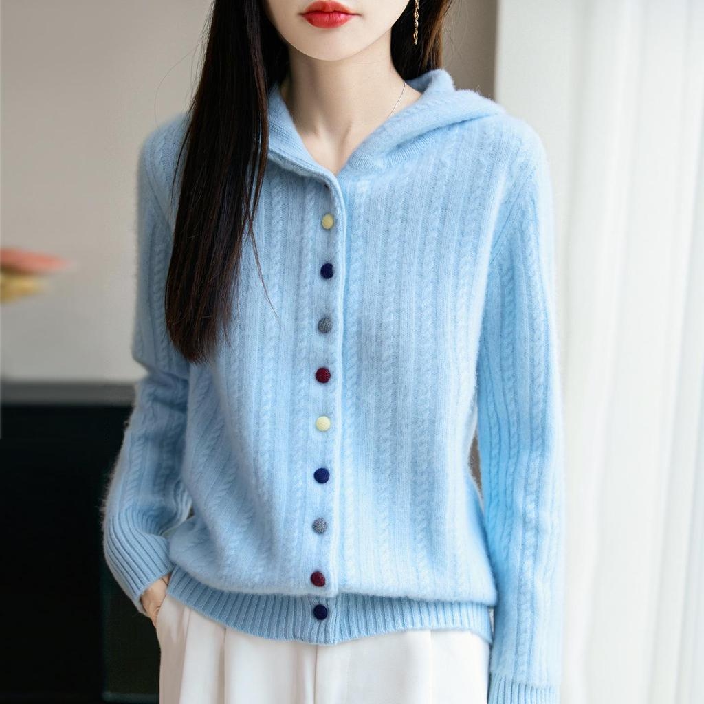 Damen Dicke Wolle Kapuzenstrickjacke - Herbst/Winter Locker gestrickter Pullovermantel