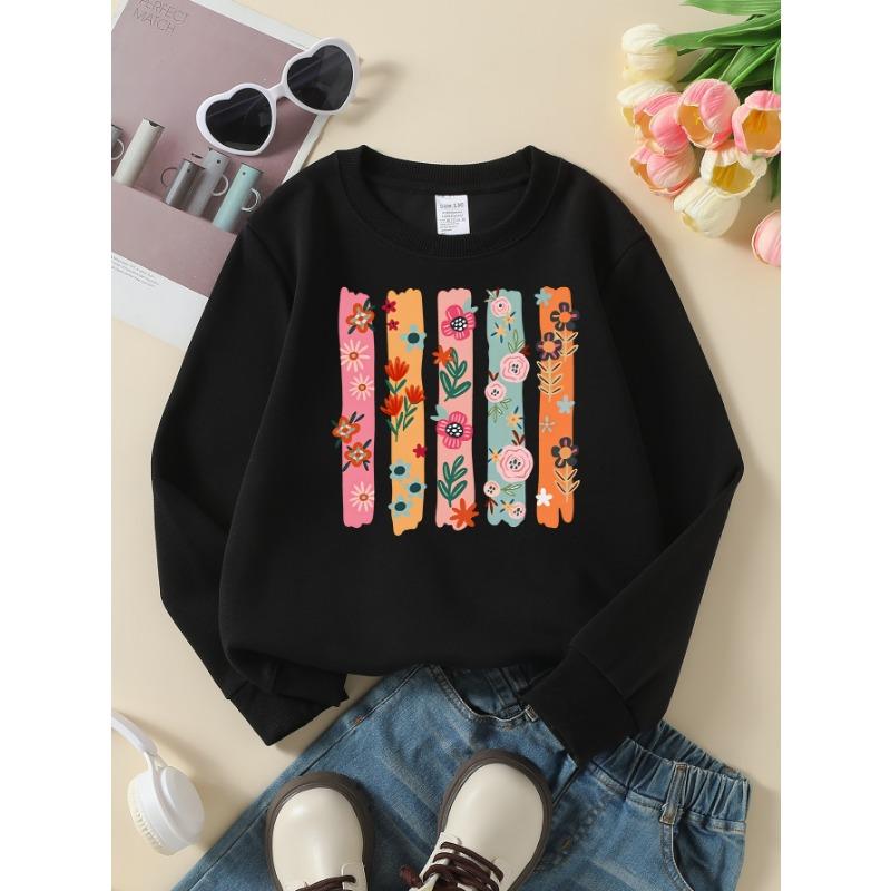 European sizes Girls' Long-Sleeve Round Neck Sweatshirt "Floral Stripe" Print, Spring/Autumn, Casual, Daily & Sports.