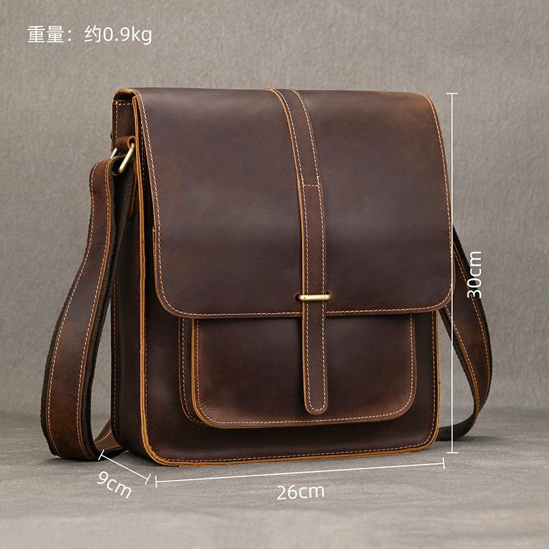 Men'S Retro Leather Shoulder Bag Crazy Horse Leather Flip Messenger Bag A4 Work Briefcase Men'S Bag