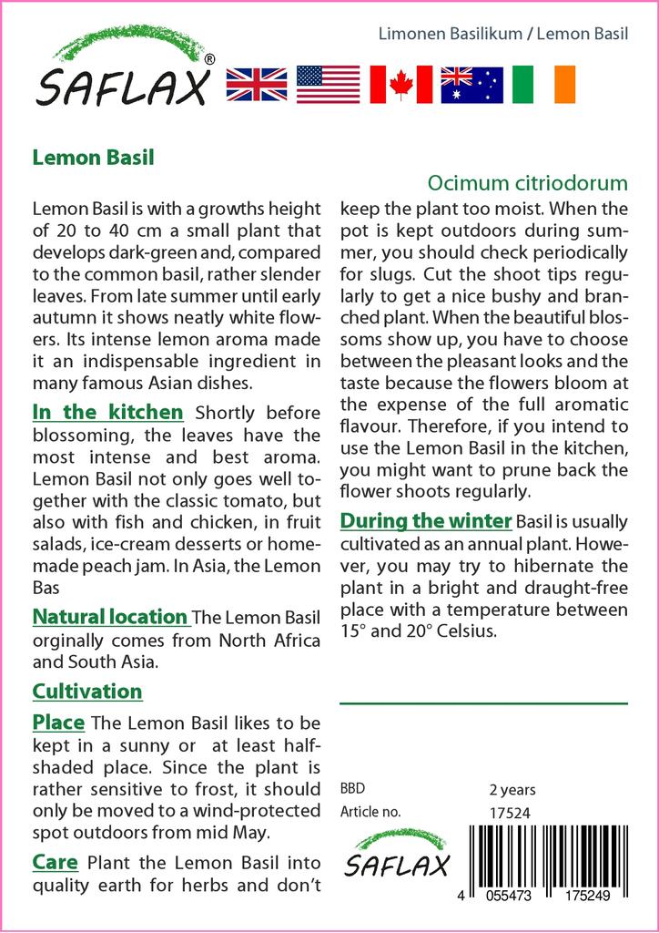 SAFLAX Garden In the Bag - Lemon Basil - 200 Seeds - With Substrate In a Fitting Stand Up Bag - Ocimum Citriodorum