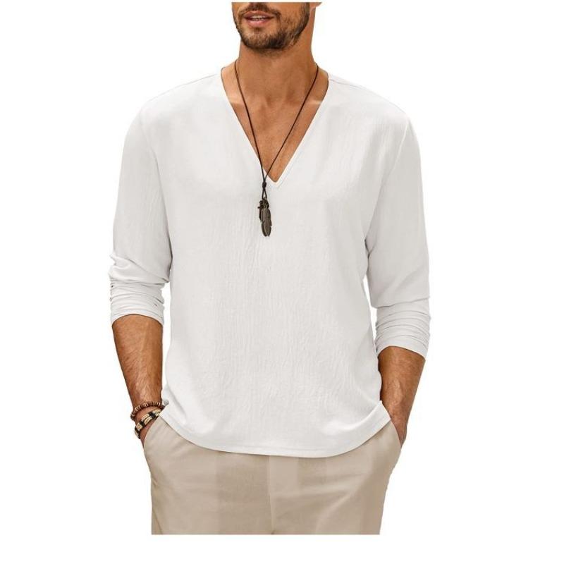 Summer British Men's Solid Color Collage Pullover Long Sleeved Youth Trendy Collar Casual V-neck Men's T-shirt
