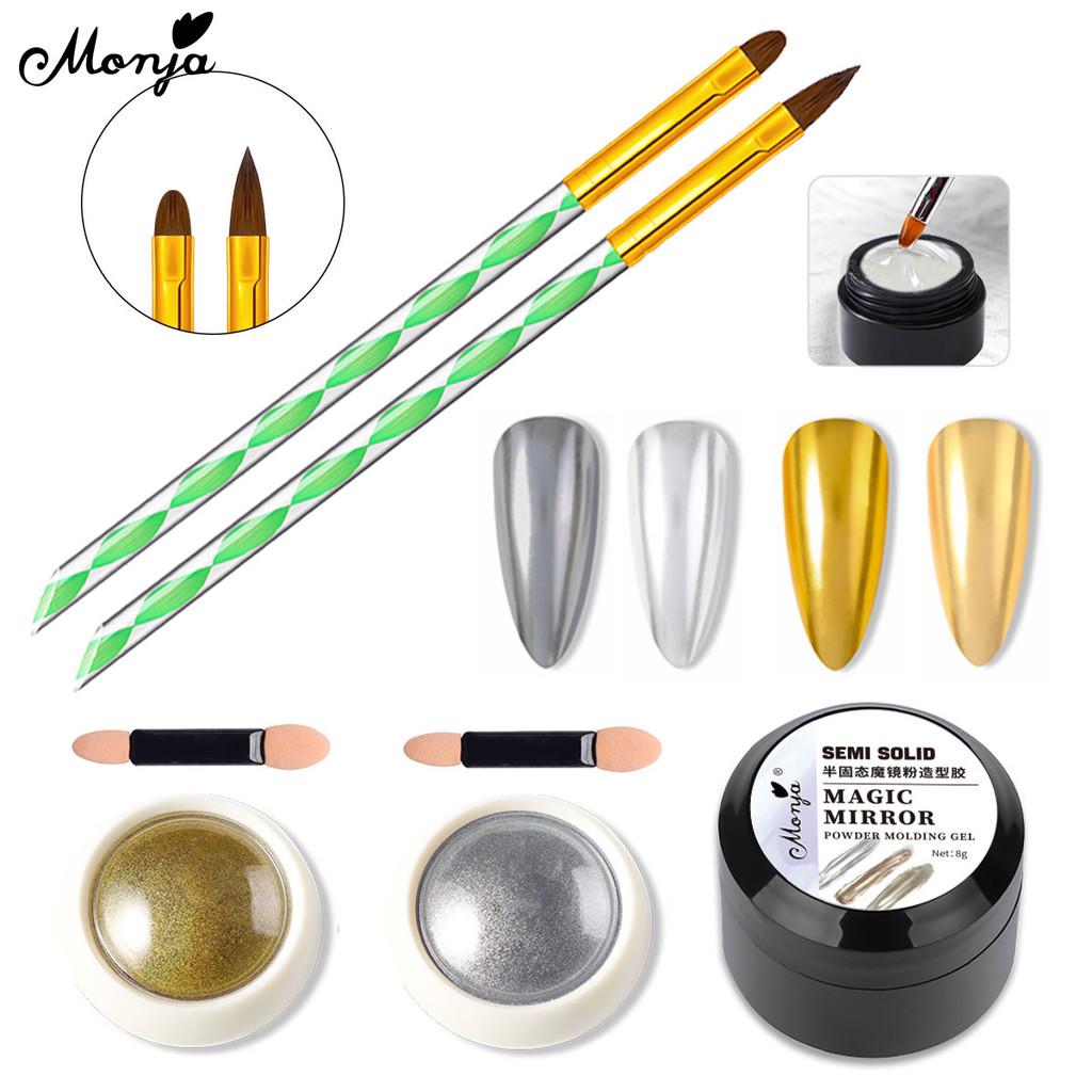 monja 5Pcs/Set Nail Art Set Magic Mirror Powder Semi Solid Magic Molding UV Glue 2Pcs Sponge Brush Manicure Design Tools
