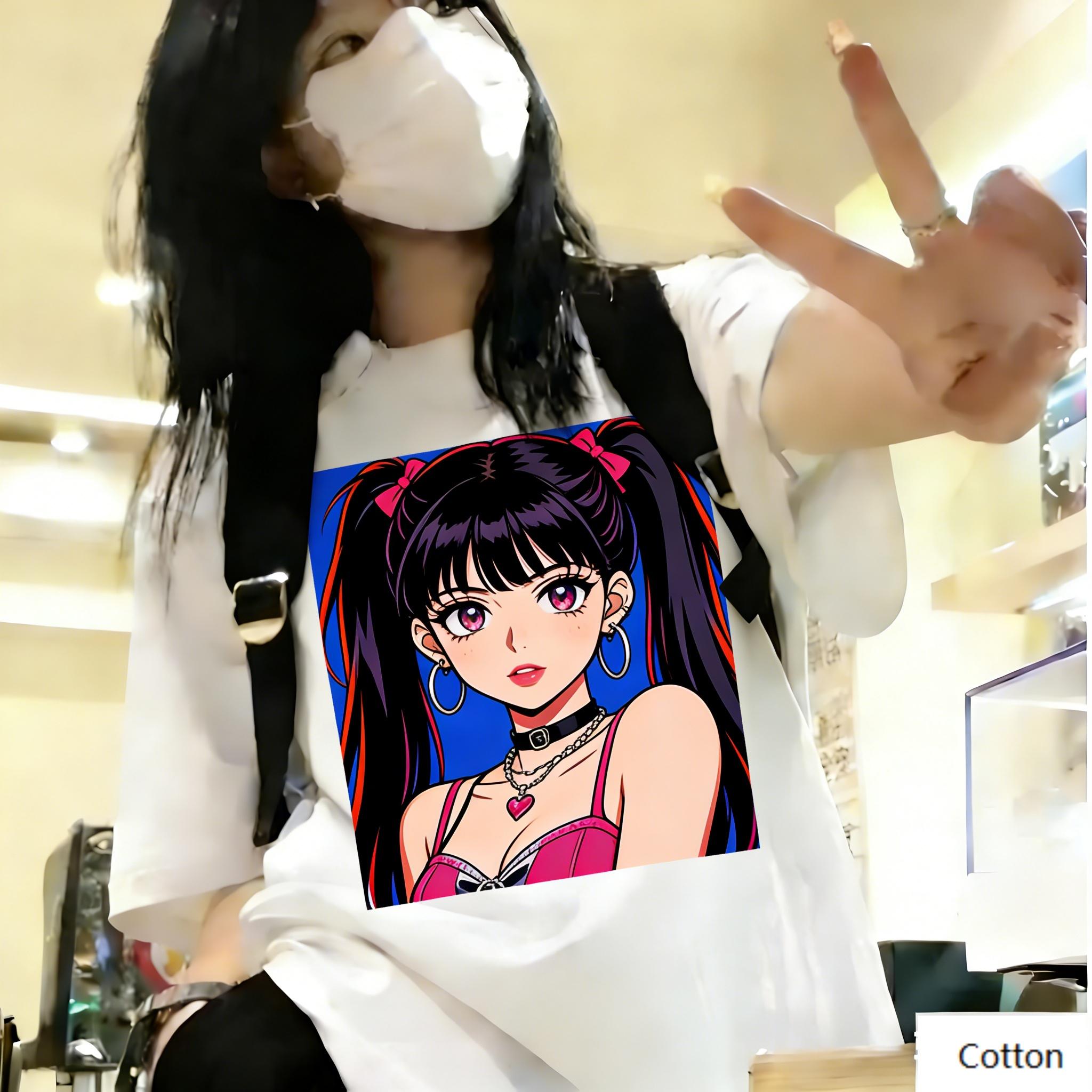 

Streetwear Unisex Cotton TShirt Featuring Edgy Black Pink Twin Tail Anime Girl Design Retro Cool Style Top for Trendy M
