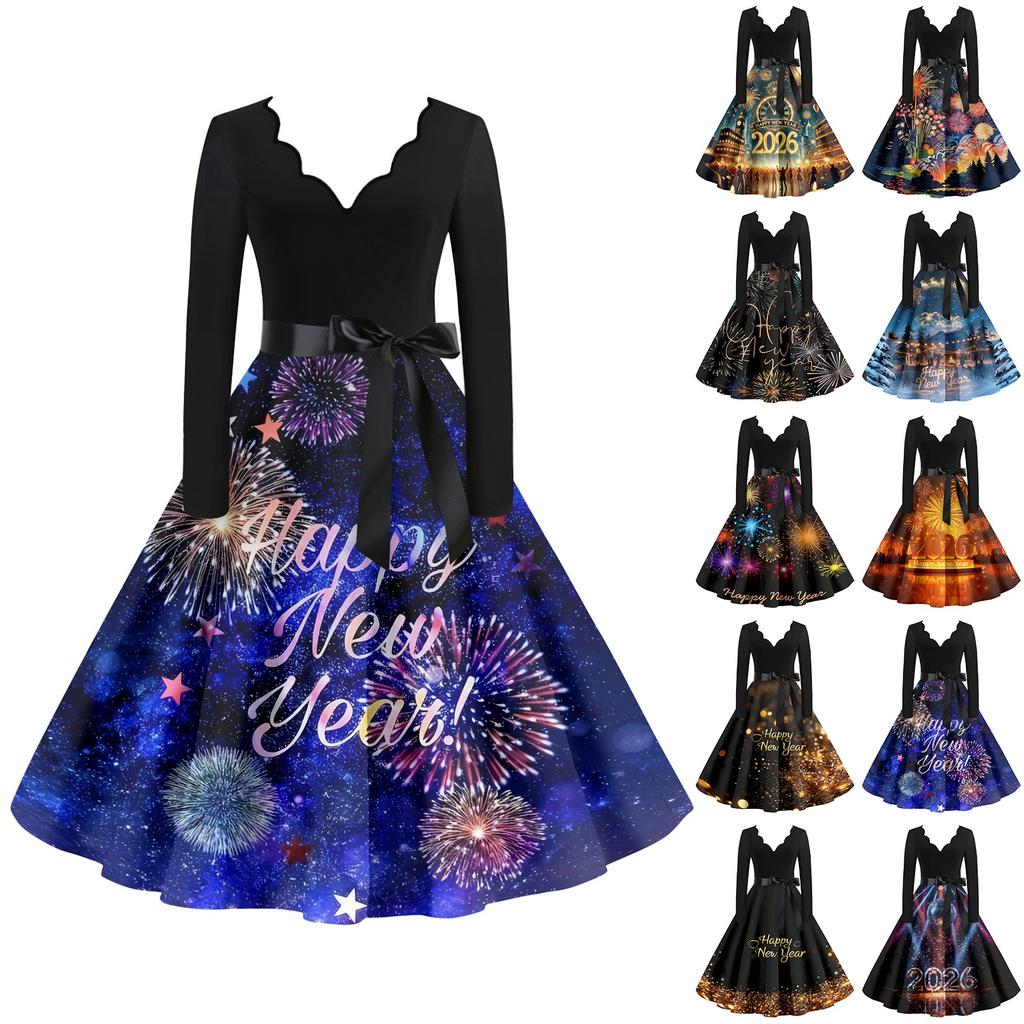 Women's Casual Fashion New Year Printed V-Neck Vintage Dress