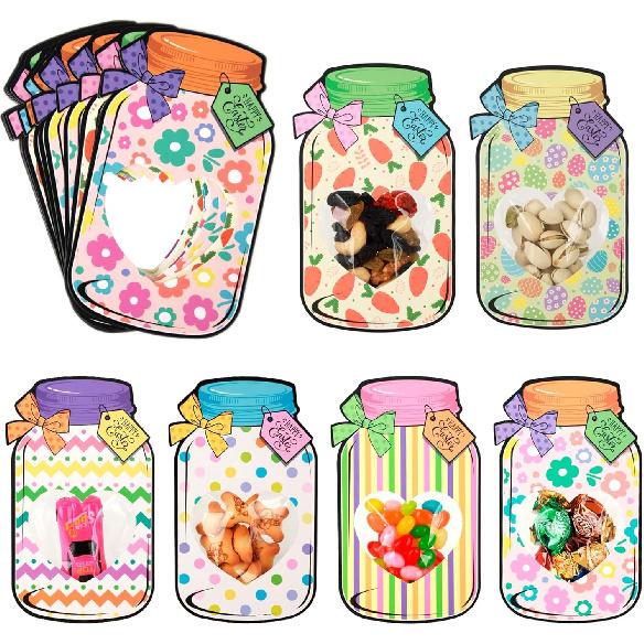 POPGIFTU Пасхальные подарочные карточки для детей - 48 карточек-держателей для конфет  Счастливой Пасхи  Банки-масонки Пасхальная открытка для обмена Весенние пасхальные сувениры для вечеринки