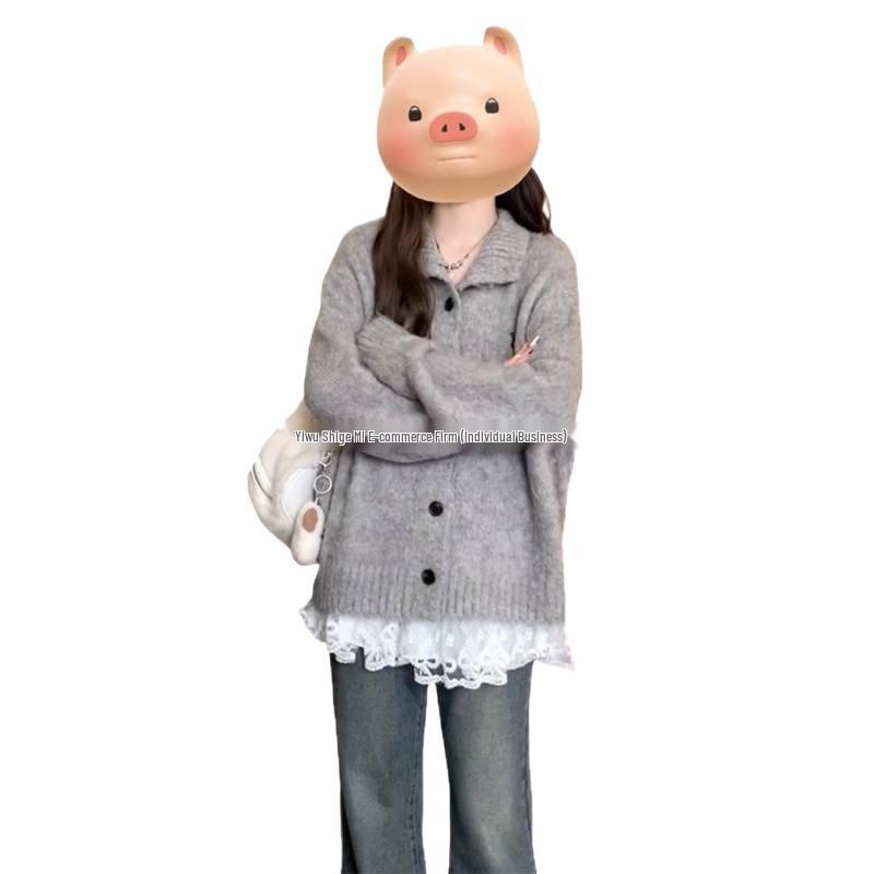 2025 Korean Style Grey Knit Turn-Down Collar Cardigan for Women