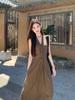 Temperament brown kinked sleeveless vest dress women's summer design long dress v-neck waist thin a-word skirt