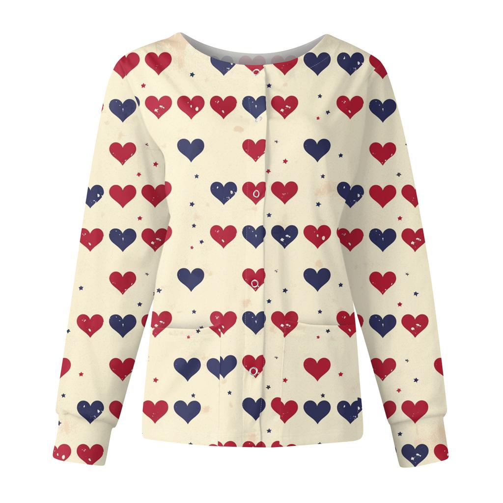 Women's Casual Fashion Long Sleeve Standing Collar Single Breasted Valentine's Day Print Workwear Jacket Tops