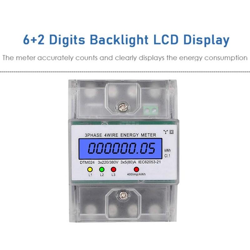 3 Phase 4 Wire Energy Meter 220/380V 5-80A Energy Consumption KWh Meter DIN Rail Installation Digital Power Meter