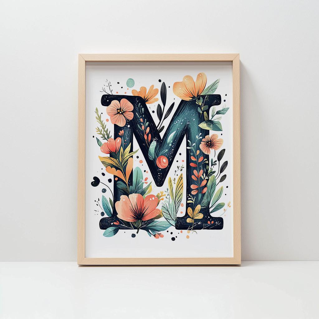 Plakat Z Literą M W Kwiaty I Liście Plakat Z Literą M W Kwiaty I Liście, 30X40 Cm, Rama Drewniana Jasny Dąb, Papier Matowy 230 Gsm