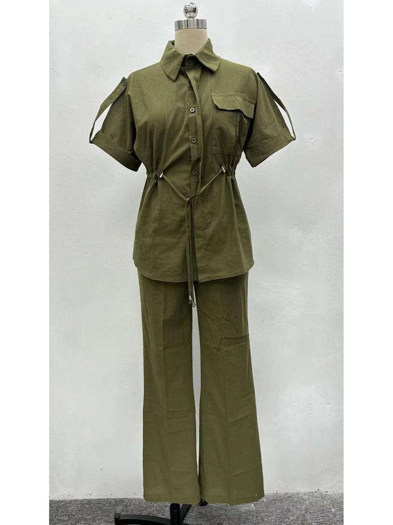 Women's Casual Summer Two-Piece Set: Short-Sleeve Pocket Shirt & Long Pants