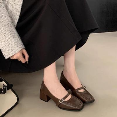 Women Vintage Square Head Mary Jane Shoes Spring Shallow Ladies British Style Elegant Square Heel Single Shoes Pumps