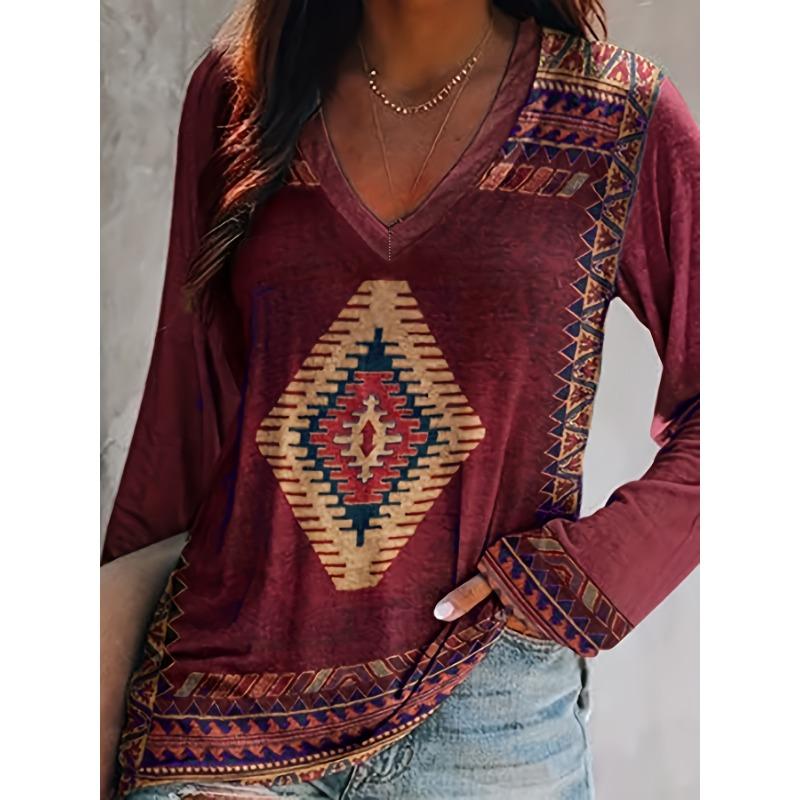 Aztec Print Long Sleeve T-shirt, Western Style V Neck Ethnic T-shirt, Women's Clothing