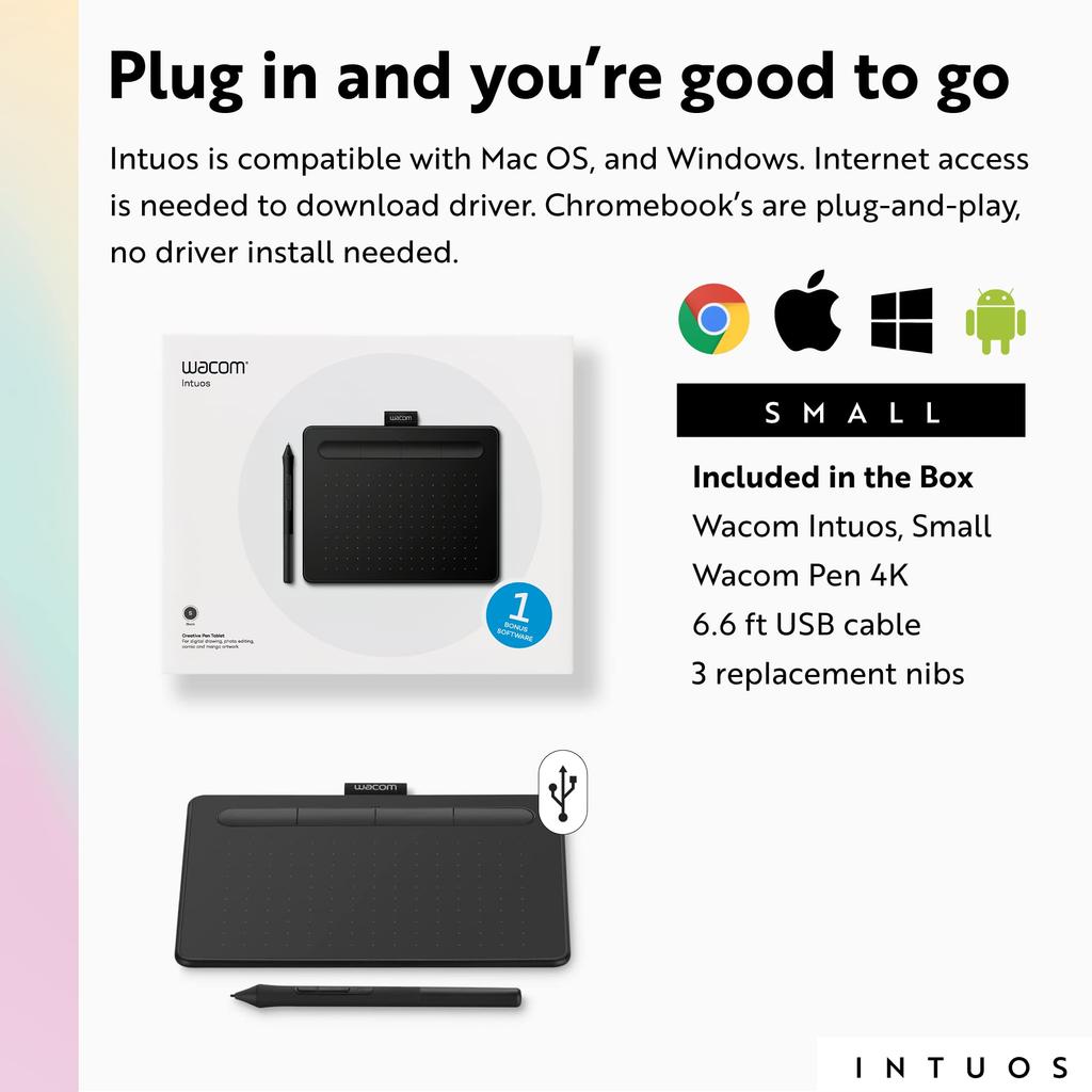 Wacom Intuos Drawing Tablet with 3 Bonus Software Included, 7.9" x 6.3", Black (CTL4100)