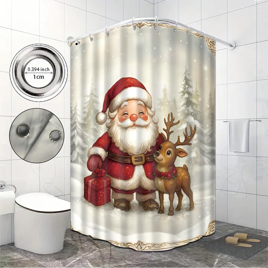 1Pc Santa Claus Print Waterproof Perforated Shower Curtain Bathe Partition Privacy Multi Size With 12 Hooks Easy Installation