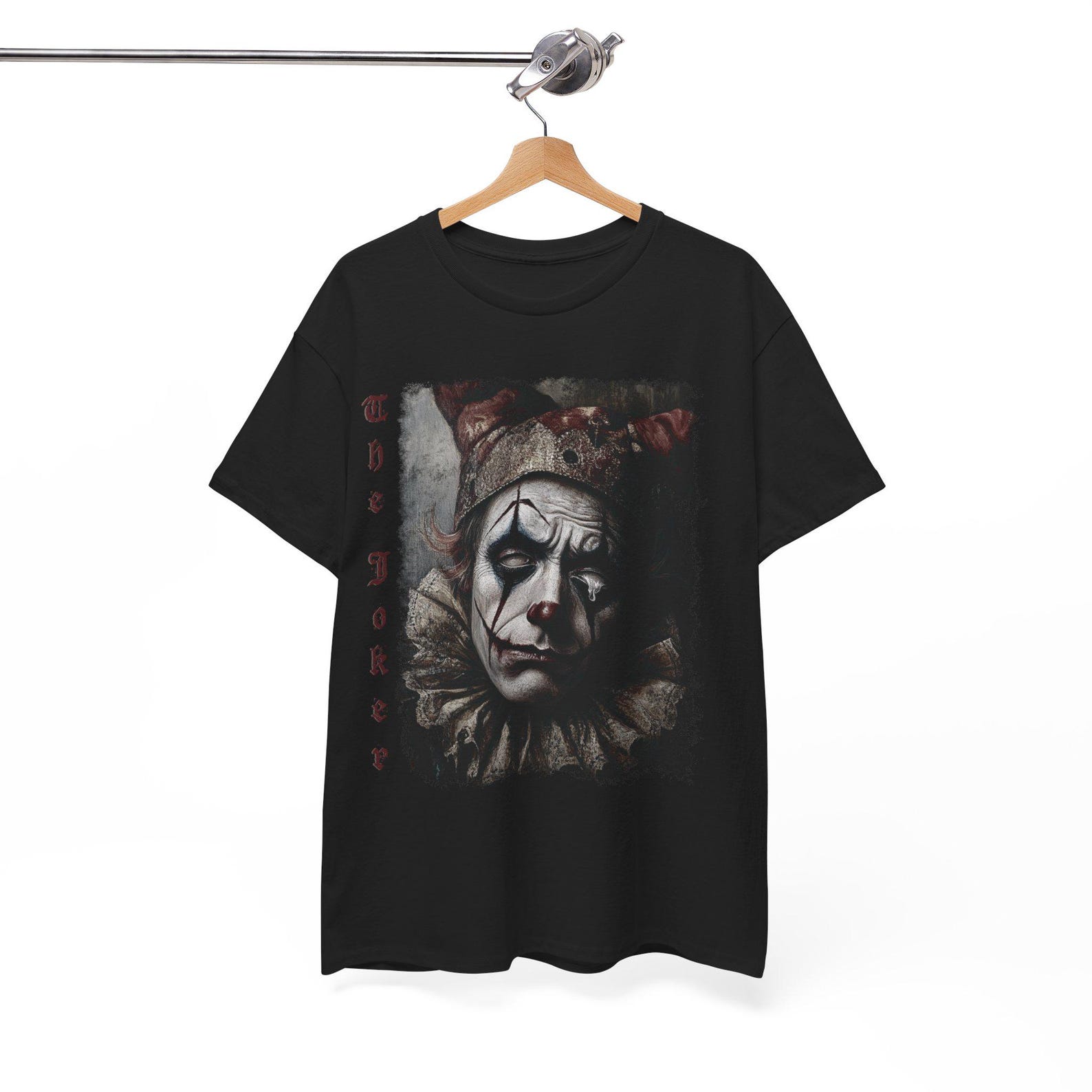 Dark red Gothic Joker T-shirt, Sad Jester Graphic Tee, Grunge Unisex Heavy Cotton Top, Alternative Dark Clothing, Emo Apparel, metalcore L