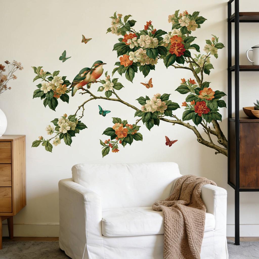 Traditional Chinese Painting Hibiscus Bird Wall Sticker Modern Living Room Study Waterproof Self Adhesive Decor