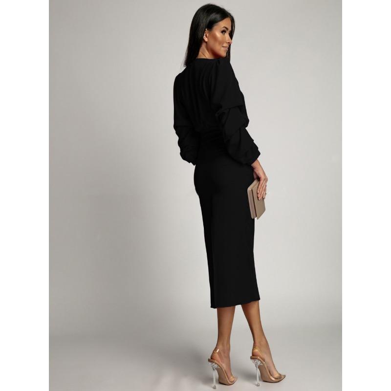 Nowe sukienki wieczorowe damskie na jesień i zimę w jednolitym kolorze, z długimi rękawami i dekoltem w serek