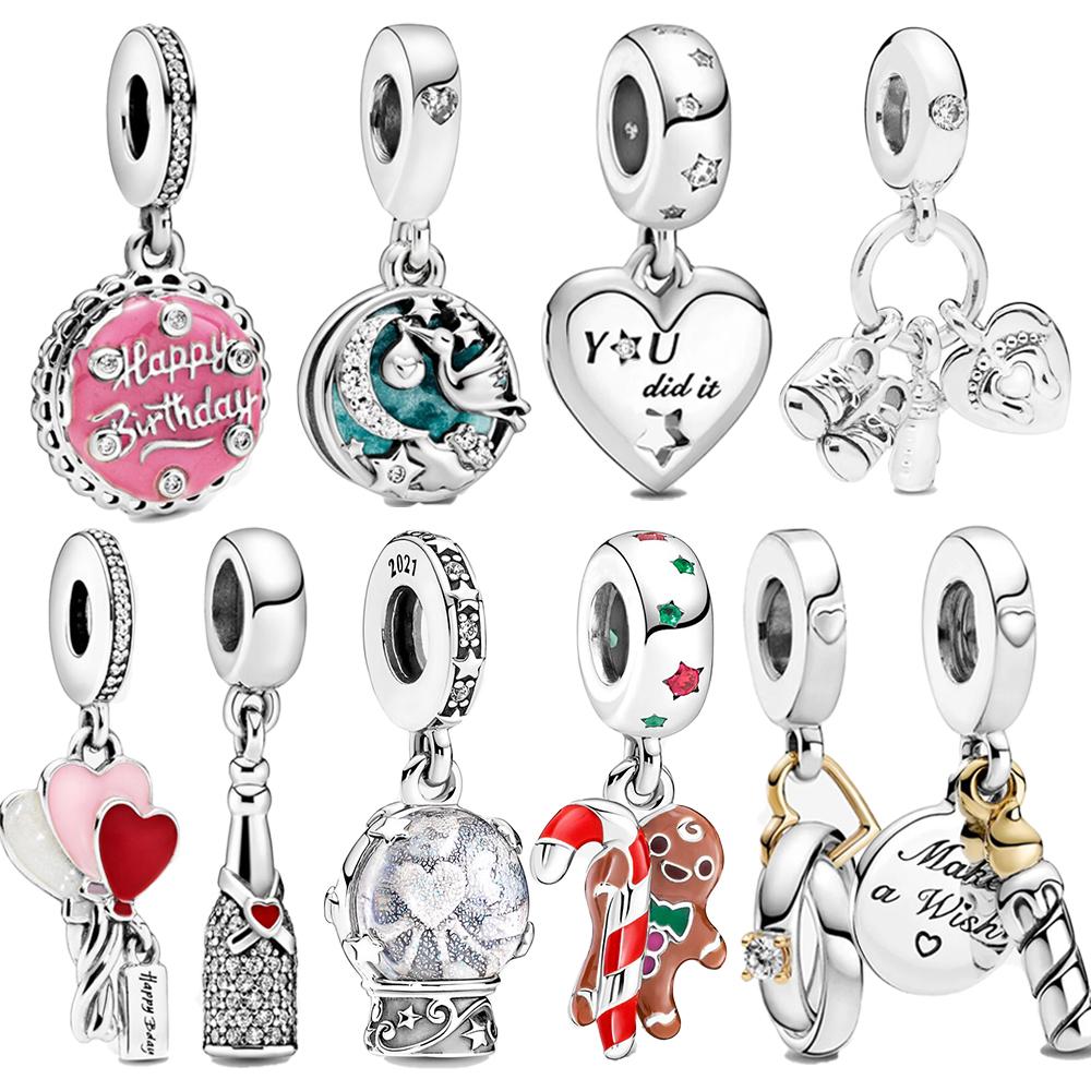 

Fine 925 Sterling Silver Pink Enamel Birthday Cake Pendant Heart Happy Celebration Charm Fit Fashion Bracelet DIY Women s Gift